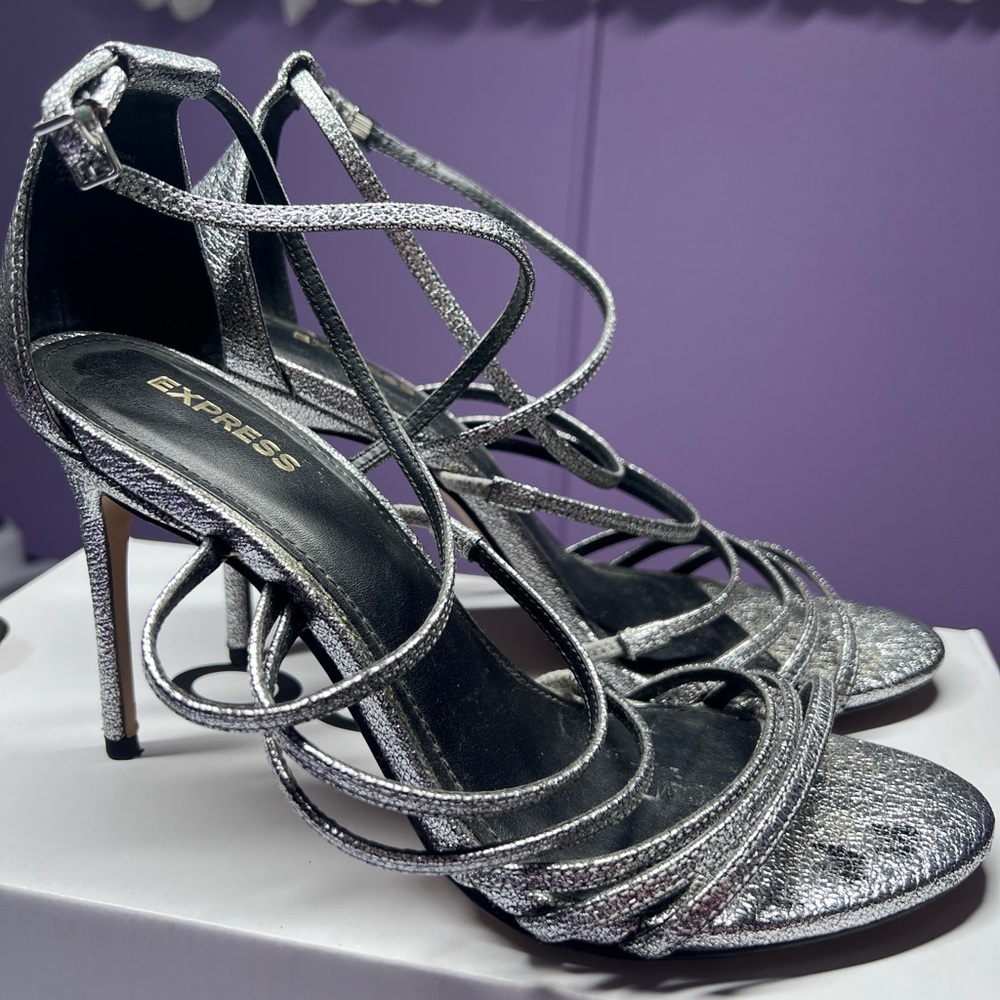 Express Metallic Silver Strappy Heels